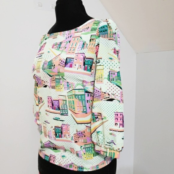 Pink Owl Vibrant Colorful City Scene 3/4 Sleeve Top Small - Picture 4 of 11